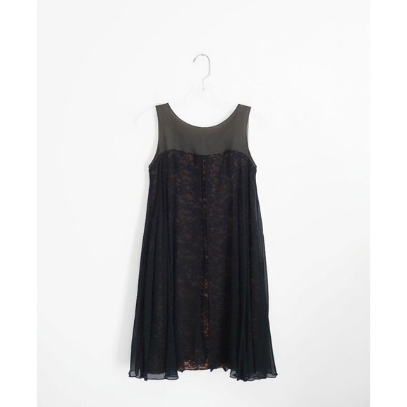 Vtg 60s Another Pettisize Jr Beige Black Lace Black Georgette Overlay Dress XS - Picture 1 of 9